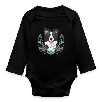 Border Collie Floral Celebration - Organic Longsleeve Baby Bodysuit - black - Front