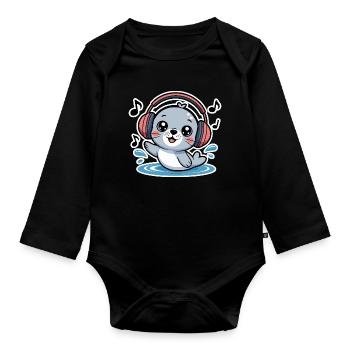 Cute seal with headphones and music notes - Organic Longsleeve Baby Bodysuit - black - Front