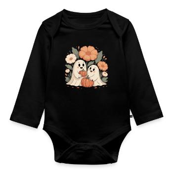 Citrouille Fleurs Automne Mignon Fantômes Halloween - Body Bébé bio manches longues - noir - Devant