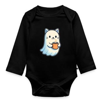 Cute cat spirit with coffee - Organic Longsleeve Baby Bodysuit - black - Front