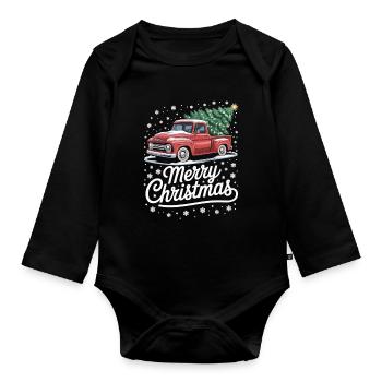 Camionnette rouge avec arbre de Noël – T-shirt de Noël - Body Bébé bio manches longues - noir - Devant