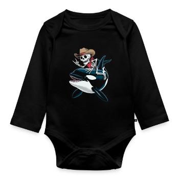 Skelett Cowboy reitet Orca  - Baby Bio-Langarm-Body - Schwarz - Vorne