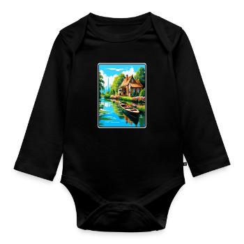 Giethoorn Riverside Cottage in Summer Bloom - Baby Bio-Langarm-Body - Schwarz - Vorne