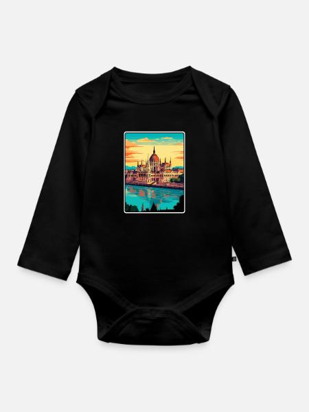 Budapest Ungarn Parlament Vintage Reiseposter - Baby Bio-Langarm-Body - Schwarz