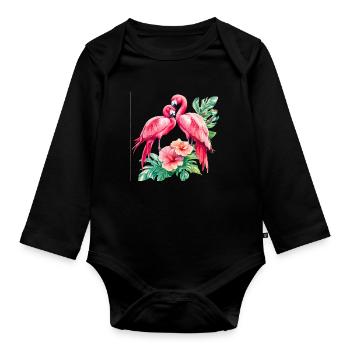 Flamingo Love Duet in the Tropical Forest - Organic Longsleeve Baby Bodysuit - black - Front
