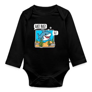 The nice shark says hello happily! Say hi to the shark! - Organic Longsleeve Baby Bodysuit - black - Front