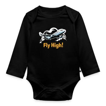 Jet in Sky Illustration Fly High - Organic Longsleeve Baby Bodysuit - black - Front