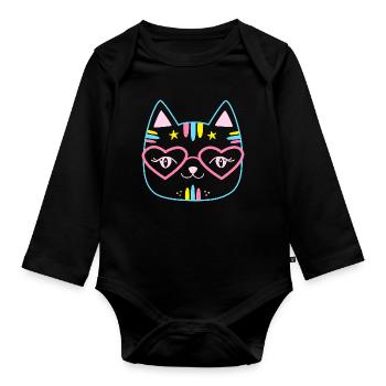Kawaii Katzengesicht mit Herzbrille Rosa Pink Cute - Baby Bio-Langarm-Body - Schwarz - Vorne