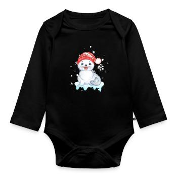 Winter Seal Pup in Santa Hat - Organic Longsleeve Baby Bodysuit - black - Front