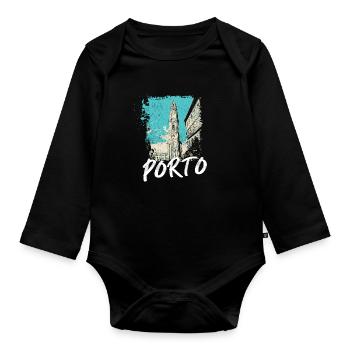 Tour des Clérigos Porto illustration artistique - Body Bébé bio manches longues - noir - Devant