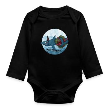 Requin d’anniversaire avec cadeau - Body Bébé bio manches longues - noir - Devant