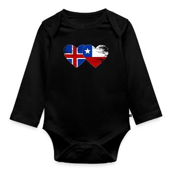 Iceland Chile flag heart used - Organic Longsleeve Baby Bodysuit - black - Front