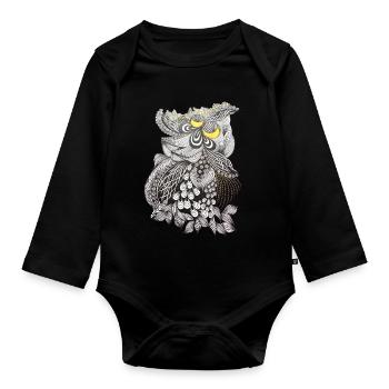 Ornamental Flower Black and White Pattern with Yellow - Organic Longsleeve Baby Bodysuit - black - Front