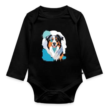 Colorful Aussie Dog Portrait with Paint Splashes - Organic Longsleeve Baby Bodysuit - black - Front