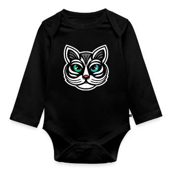 Skurriles seltsamäugiges Katzen-Cartoon-Design - Baby Bio-Langarm-Body - Schwarz - Vorne