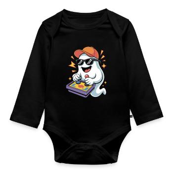Retro Gamer Halloween Geist - Baby Bio-Langarm-Body - Schwarz - Vorne