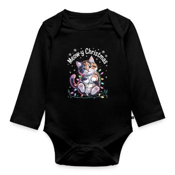 Meow-y Christmas Niedliche Weihnachtskatze - Baby Bio-Langarm-Body - Schwarz - Vorne