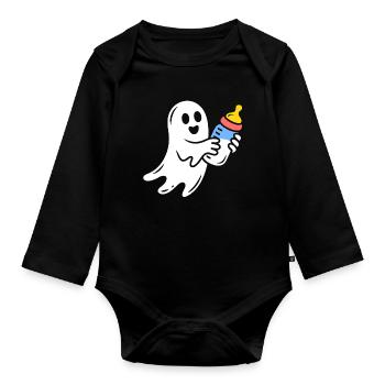 Cuddly Ghost with Flask - Organic Longsleeve Baby Bodysuit - black - Front