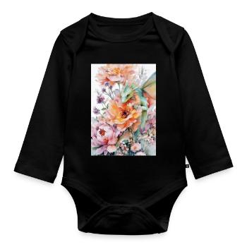 Dragon aquarelle et jardins fleuris - Body Bébé bio manches longues - noir - Devant