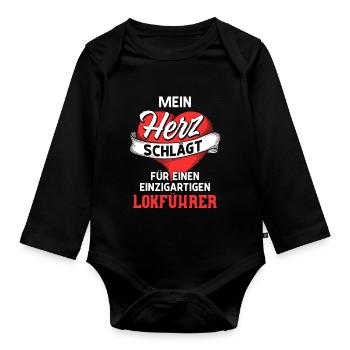 Mein Herz schlägt für einen Lokführer / Zug, Bahn - Baby Bio-Langarm-Body - Schwarz - Vorne