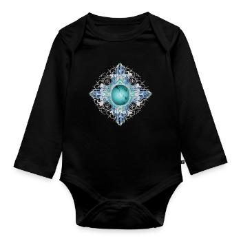 Filigranes Ethno-Ornament mit leuchtendem Türkis - Baby Bio-Langarm-Body - Schwarz - Vorne