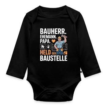 Héros du chantier – papa, mari et constructeur - Body Bébé bio manches longues - noir - Devant
