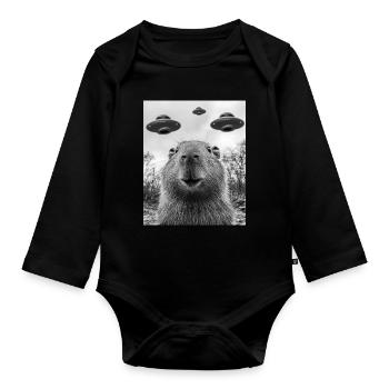 Capybara Selfie with UFO - Organic Longsleeve Baby Bodysuit - black - Front
