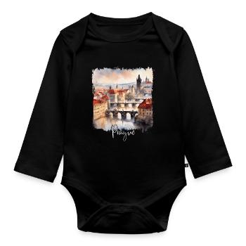 Aquarelle de Prague, Prague République tchèque - Body Bébé bio manches longues - noir - Devant