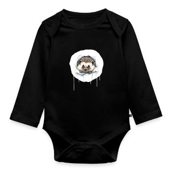 Cute hedgehog peeks out of crack - Organic Longsleeve Baby Bodysuit - black - Front