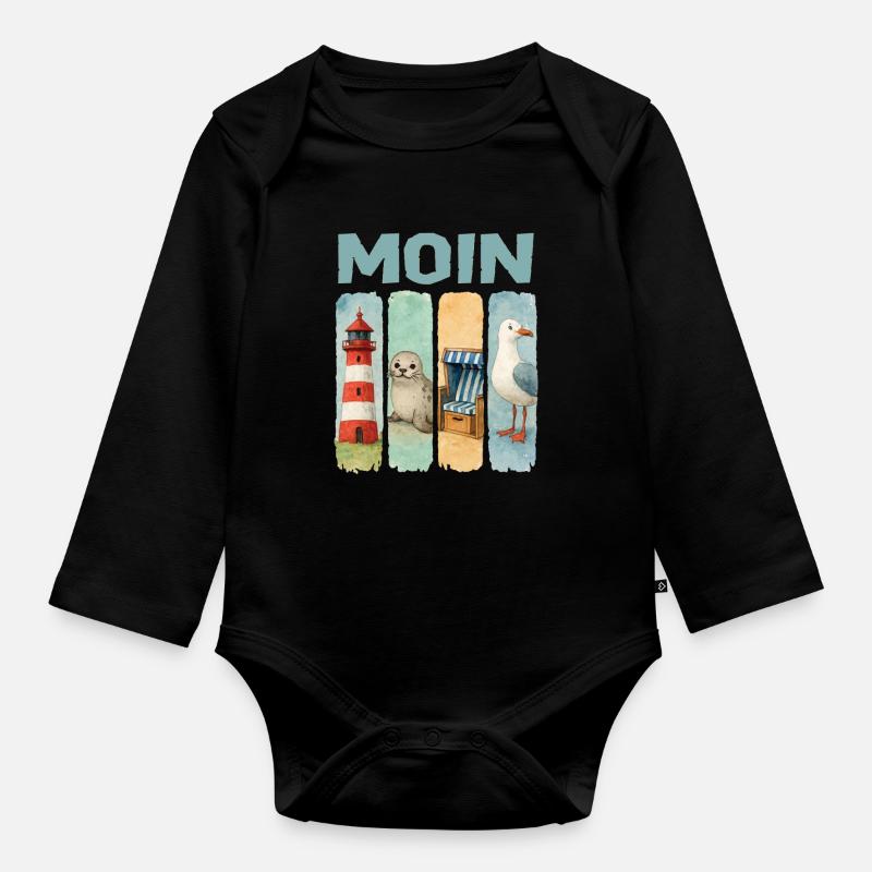 Phare de Moin, chaise de plage avec phoques, côte des mouettes - Body Bébé bio manches longues - noir