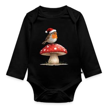Robin in Santa Hat on a Red Mushroom - Organic Longsleeve Baby Bodysuit - black - Front