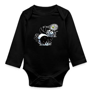 Lustiger Pinguin Beim Tennis Mit Schläger - Baby Bio-Langarm-Body - Schwarz - Vorne