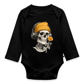 Schädel mit Gelber Mütze und Kopfhörern - Baby Bio-Langarm-Body - Schwarz - Vorne