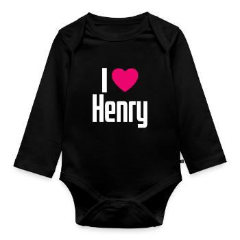 I Love Henry Pink Heart I Love Henry - Organic Longsleeve Baby Bodysuit - black - Front
