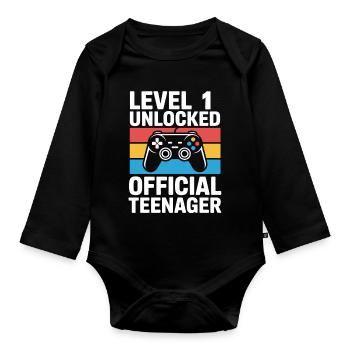 Level 1 Unlocked Birthday Gamer Gift - Organic Longsleeve Baby Bodysuit - black - Front