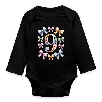 9. Geburtstag Mädchen Schleifen Bunt Aquarell - Baby Bio-Langarm-Body - Schwarz - Vorne