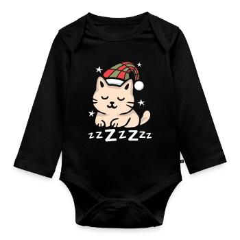 Sleeping Christmas Cat with Hat - Organic Longsleeve Baby Bodysuit - black - Front