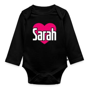 I Love Sarah Pink Heart I Love Sarah - Organic Longsleeve Baby Bodysuit - black - Front