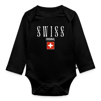 Drapeau suisse, fabriqué en Suisse - Body Bébé bio manches longues - noir - Devant