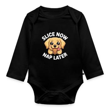 Süße Labrador Welpen essen jetzt ein Stück Pizza - Baby Bio-Langarm-Body - Schwarz - Vorne
