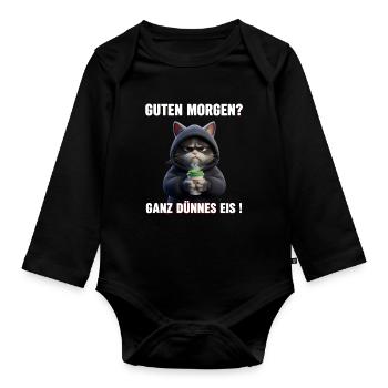 Morgenmuffel Katze mit Kaffee – Dünnes Eis - Organic Longsleeve Baby Bodysuit - black - Front