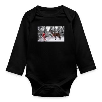 Winter joy: Santa and reindeer in the snow - Organic Longsleeve Baby Bodysuit - black - Front