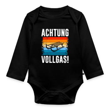Schlitten ACHTUNG VOLLGAS! LUSTIG - Baby Bio-Langarm-Body - Schwarz - Vorne