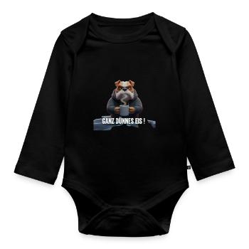 Bulldogge mit Kaffee – Witziges Eis-Motiv - Baby Bio-Langarm-Body - Schwarz - Vorne