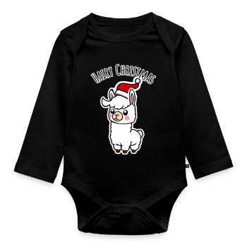 Niedliches Alpaka mit Zipfelmütze für die Festtage - Baby Bio-Langarm-Body - Schwarz - Vorne