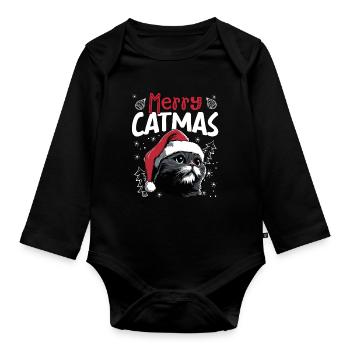 Merry Catmas Funny Cat Christmas Motif - Organic Longsleeve Baby Bodysuit - black - Front