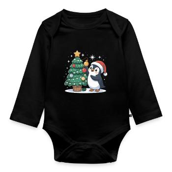 Pinguin schmückt Weihnachtsbaum - Baby Bio-Langarm-Body - Schwarz - Vorne