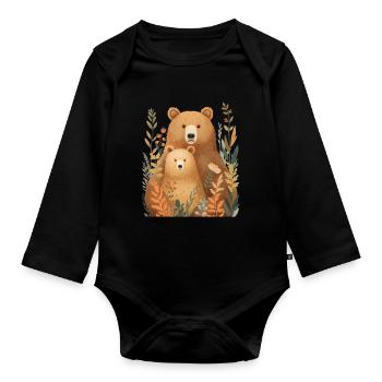 Forest bear couple in autumn foliage - Organic Longsleeve Baby Bodysuit - black - Front