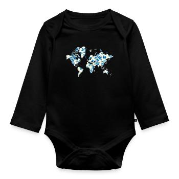 Carte du monde Fleurs Bleues - Body Bébé bio manches longues - noir - Devant