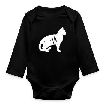 Cat Sitting Heartbeat ECG Vintage Vector - Organic Longsleeve Baby Bodysuit - black - Front